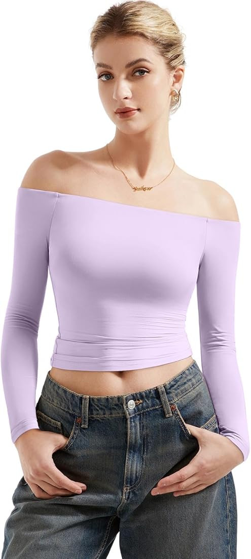 SUUKSESS Women Off Shoulder Double Lined Long Sleeve Shirts Basic Going Out Tops | Amazon (US)