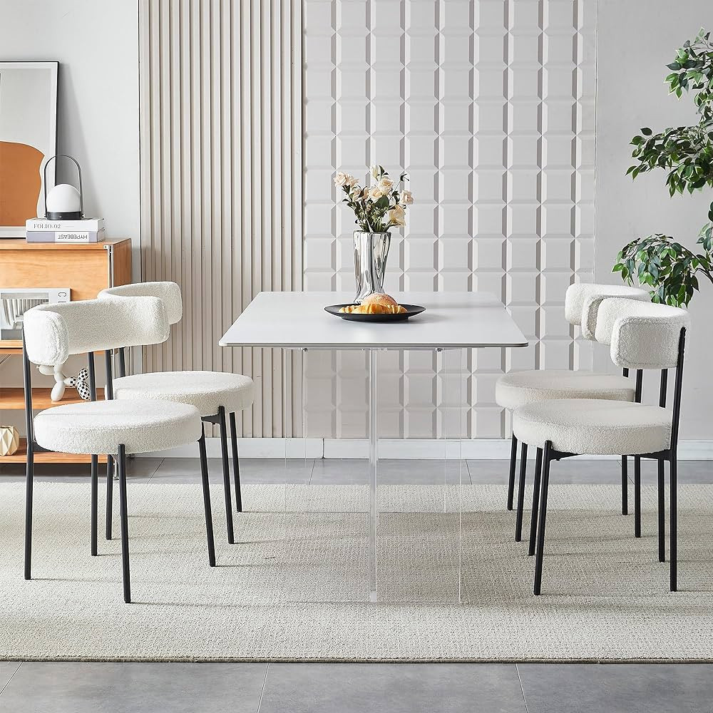 Honyee White Dining Chairs, Modern Dining Chairs Set of 4, Teddy Fleece Round Cushion Dining Room... | Amazon (US)