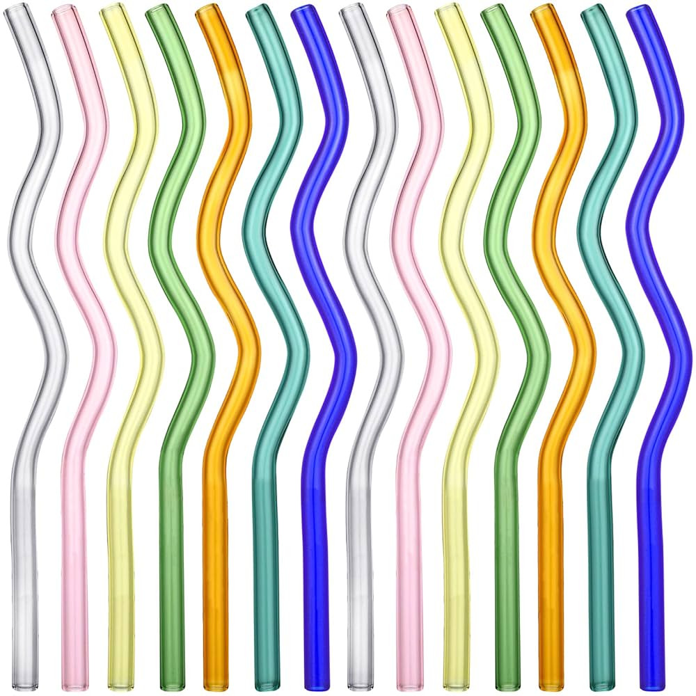 Eaasty 14 Pieces 8 x 200 mm Wavy High Borosilicate Transparent Glass Straws Cute Colored Glass Re... | Amazon (US)