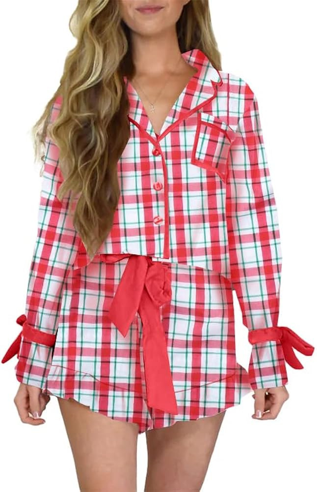 Silk Christmas Bow Pajamas for Women Cute Xmas Satin 2 Piece Santa Bow Tie Pjs Long Sleeve Shirt ... | Amazon (US)