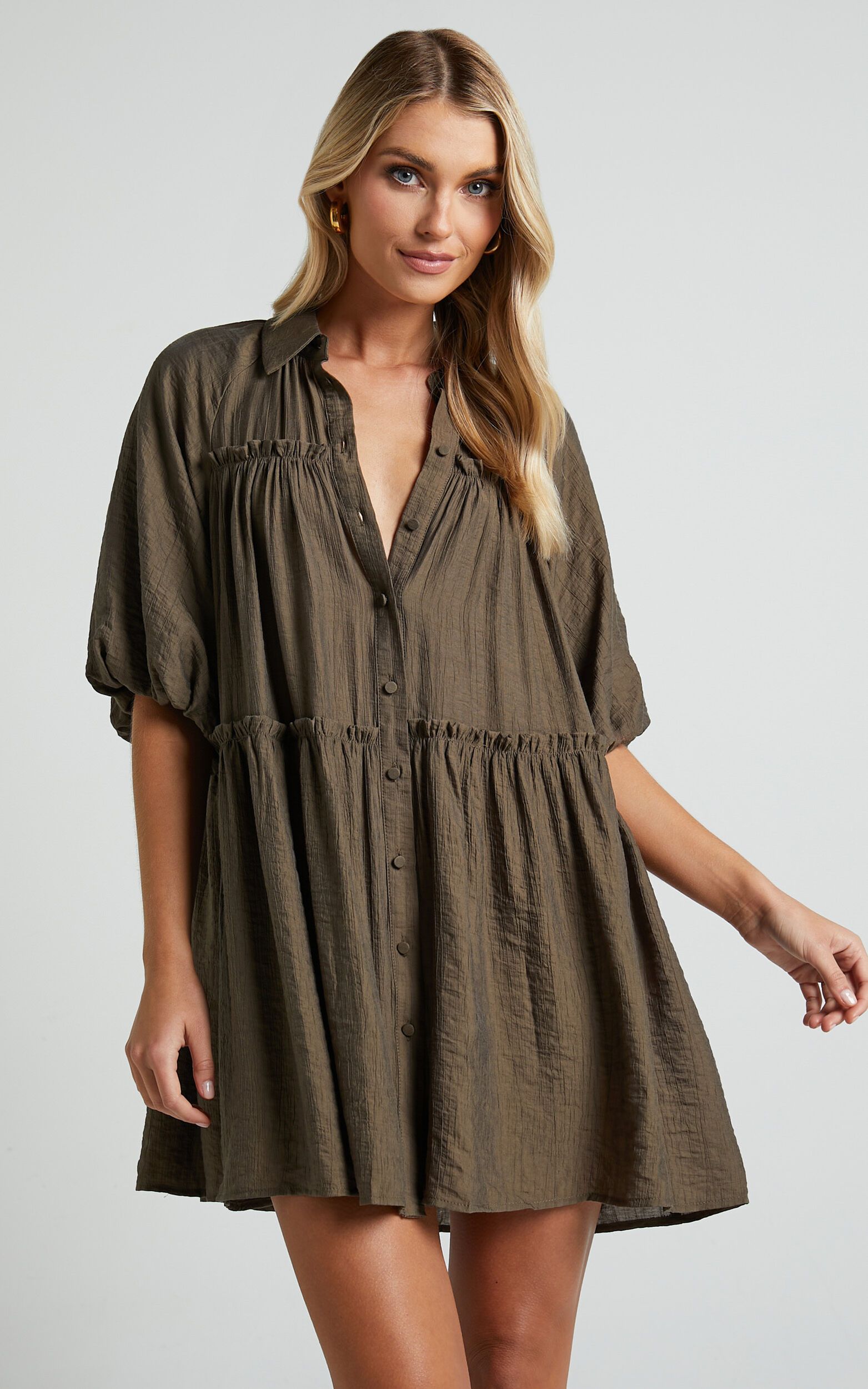 Aniston Mini Dress - Collared Button Through Short Puff Sleeve Tiered Dress in Khaki | Showpo (US, UK & Europe)