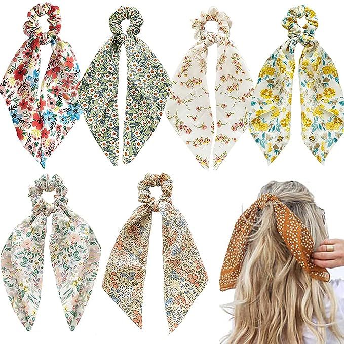 6 Pcs Floral Hair Scarf Scrunchies bowknot floral hair ribbons ties Chiffon Scarf Scrunchies Bow ... | Amazon (US)