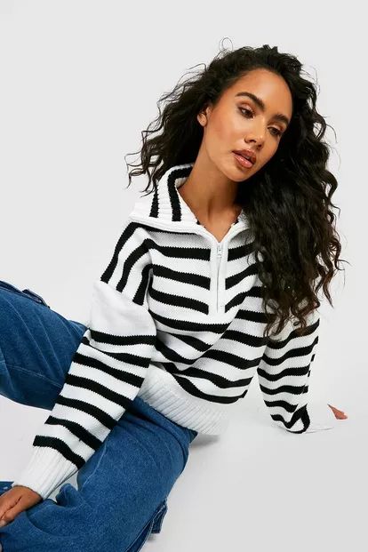 Half Zip Stripe Polo Collar Sweater | Boohoo.com (US & CA)