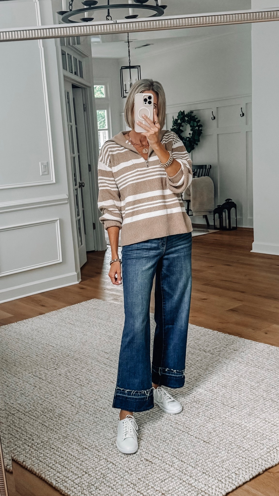🍂 Comfy casual fall style 🍂
This striped half-zip sweater from Walmart is soft, comfy, and easy to dress up or down. Paired it with these wide-leg cropped jeans (love the raw hem!) and classic white sneakers for an effortless everyday look. 🤎✨

Sizes: 
Sweater-Small
Jeans-size 4

#LTKSaleAlert #LTKSeasonal #LTKFindsUnder50