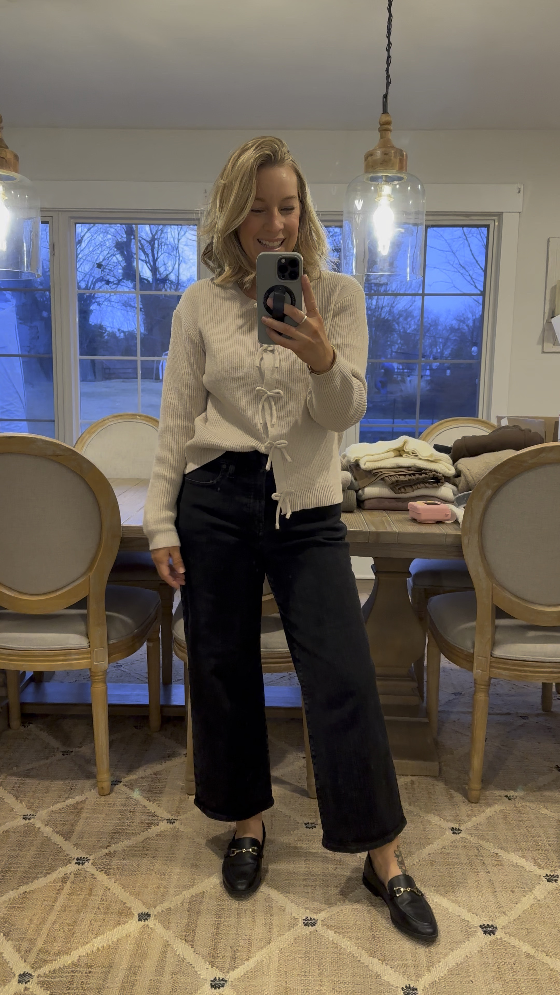 M cardigan that’s soft, smooth, stretchy and so cute with the bow detail. (Snap closure behind the bows). Tts 29P jeans that are stretchy and stay black even after drying and tts loafers. I have both brands and they’re both so comfortable! The lift are less expensive but the Sam Edelman are worth every cent of investment. **LINK LESS EXPENSIVE OPTIONS AS WELL; the white jeans photo has a black petite option that would look just like this. I own them in white and they’re great!

#LTKWorkwear #LTKWatchNow #LTKStyleTip