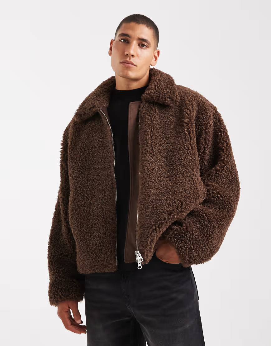 ASOS DESIGN oversized borg coach jacket in brown | ASOS (Global)