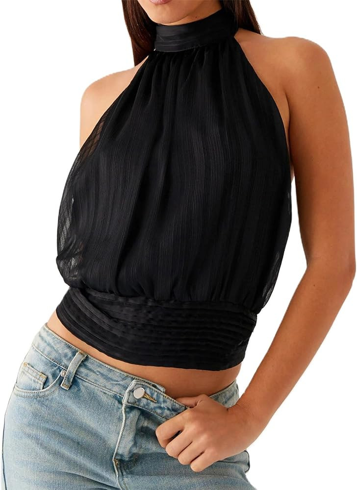 Halter Chiffon Tops Women High Neck Sleeveless Open Back Tie Up Crop Tank Top Y2K Sexy Pleated Go... | Amazon (US)