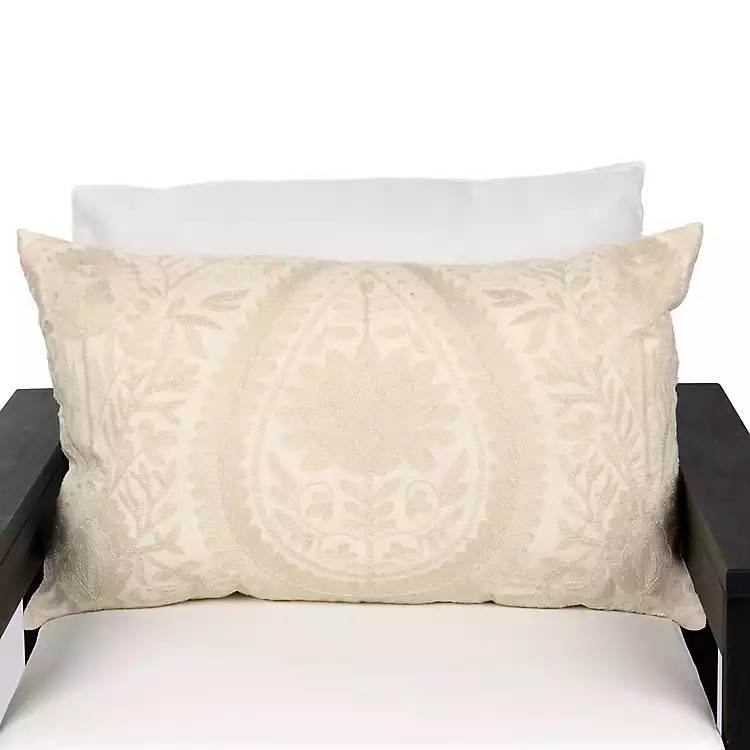 Cream Embroidered Floral Outdoor Lumbar Pillow | Kirklands