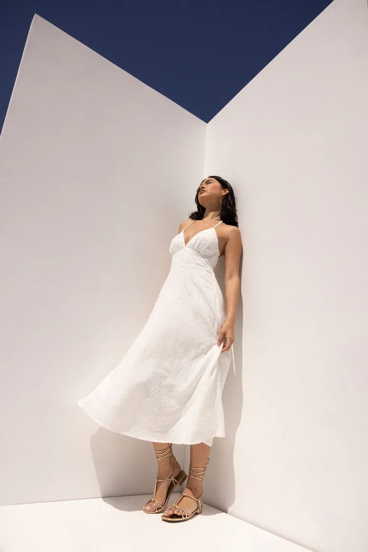 Pretty Radiant White Floral Embroidered Halter Midi Dress | Lulus (US)