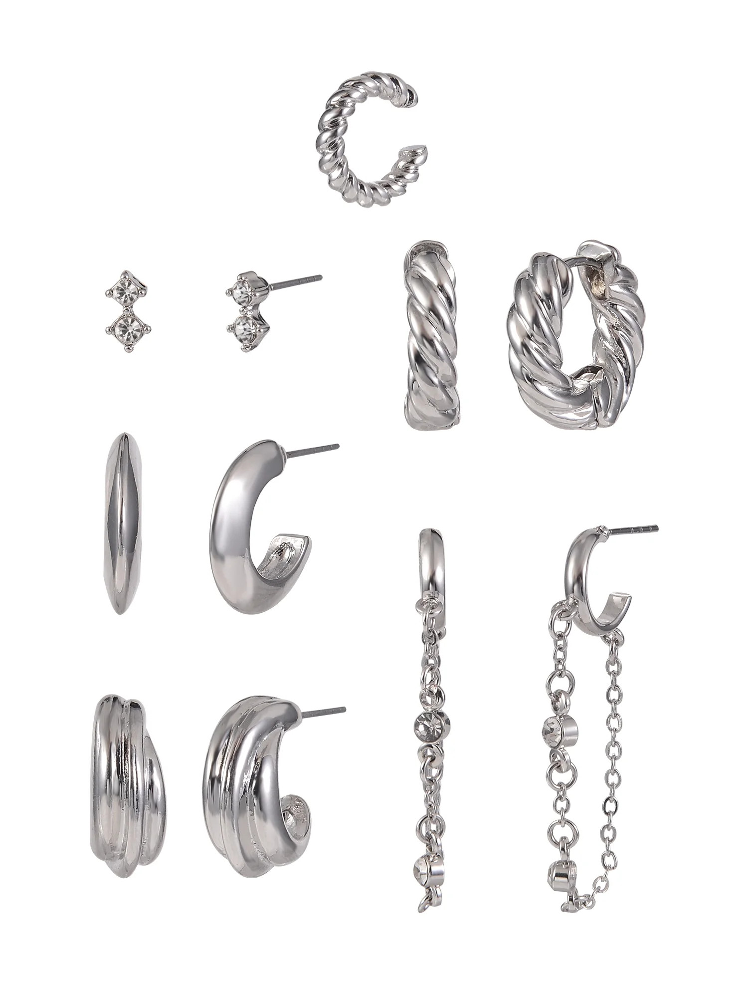 Time and Tru Adult Female Silver-Tone Crystal Stone Cable Chain Dangle and Textured Hoop Multi St... | Walmart (US)
