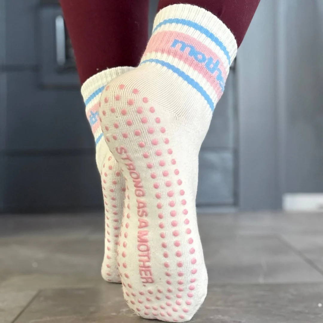 Throwback Half Crew Striped Grip Socks- Pink/Blue | Mother Hats