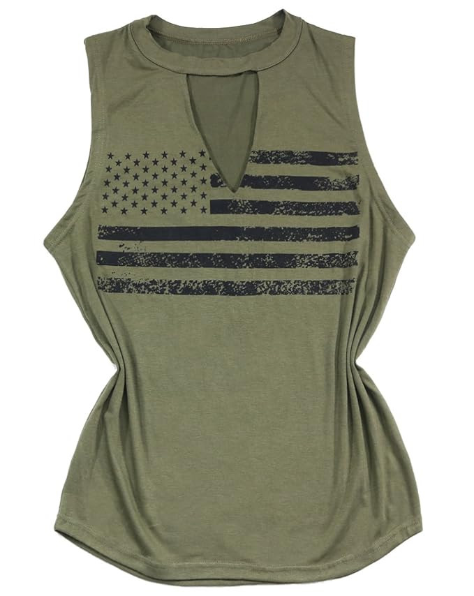 FAYALEQ American Flag Print Hollow Out V-Neck Tank Tops Womens Sleeveless Shirt Tee Cami | Amazon (US)