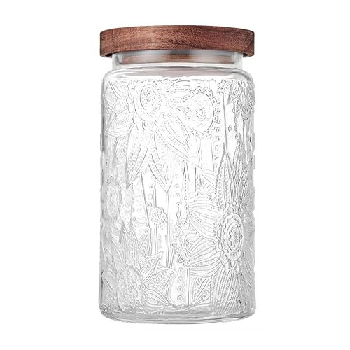 Custde Glass Storage Jars With Airtight Lid, 35oz Container For Kitchen Counter with Wooden Lid, brown sugar, candy, coffee, cookie, salt, tea, cute Jar (35oz Large Sunflower) | Amazon (US)