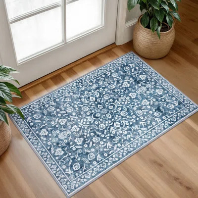 Blue Machine Washable Rugs for Bedroom Non-Slip Low Pile Throw Rugs with Rubber Backing Washable Carpet | Wayfair North America