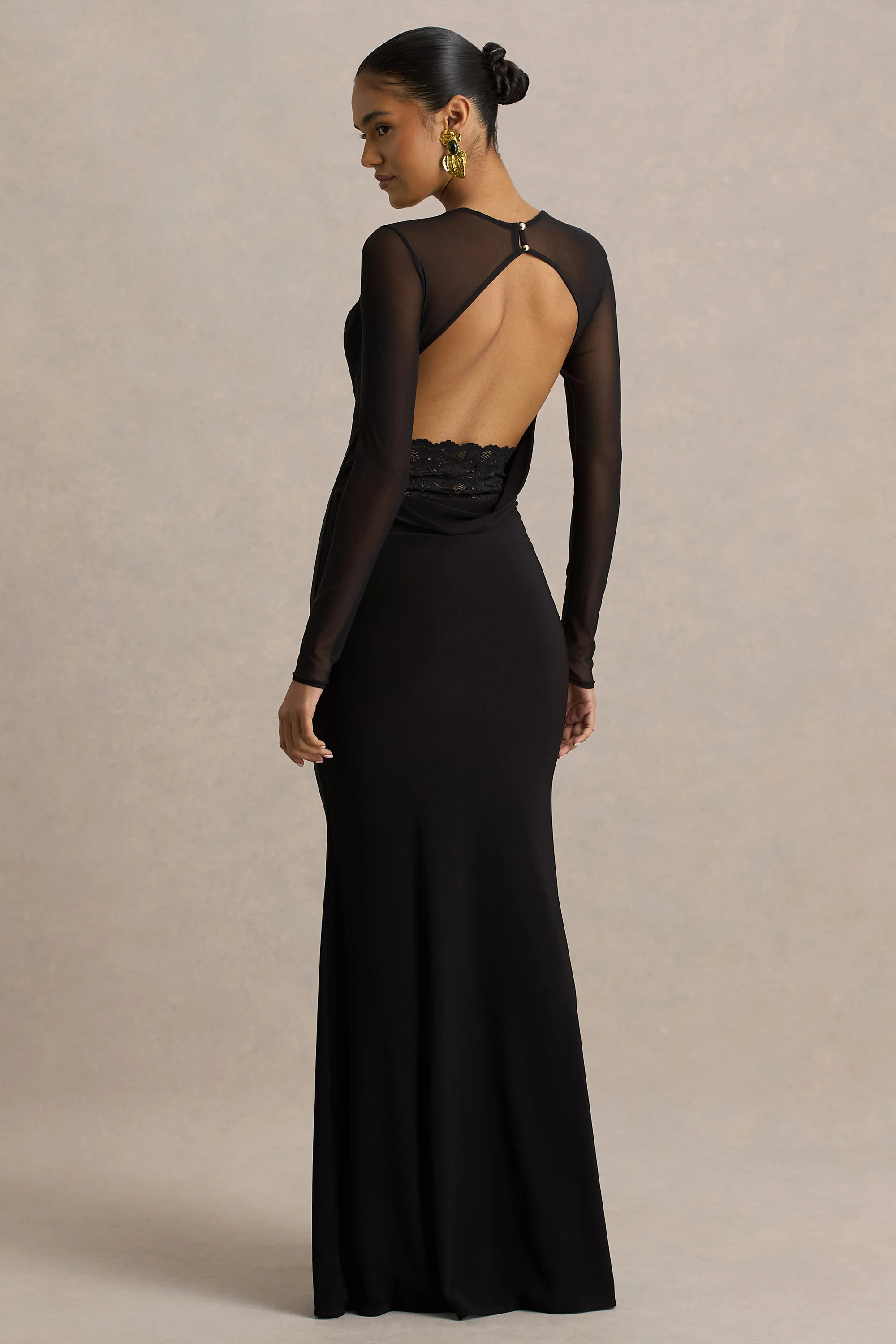 Bethan | Black Cowl-Neck Maxi Dress With Mesh Sleeves And Open-Back | Club L London