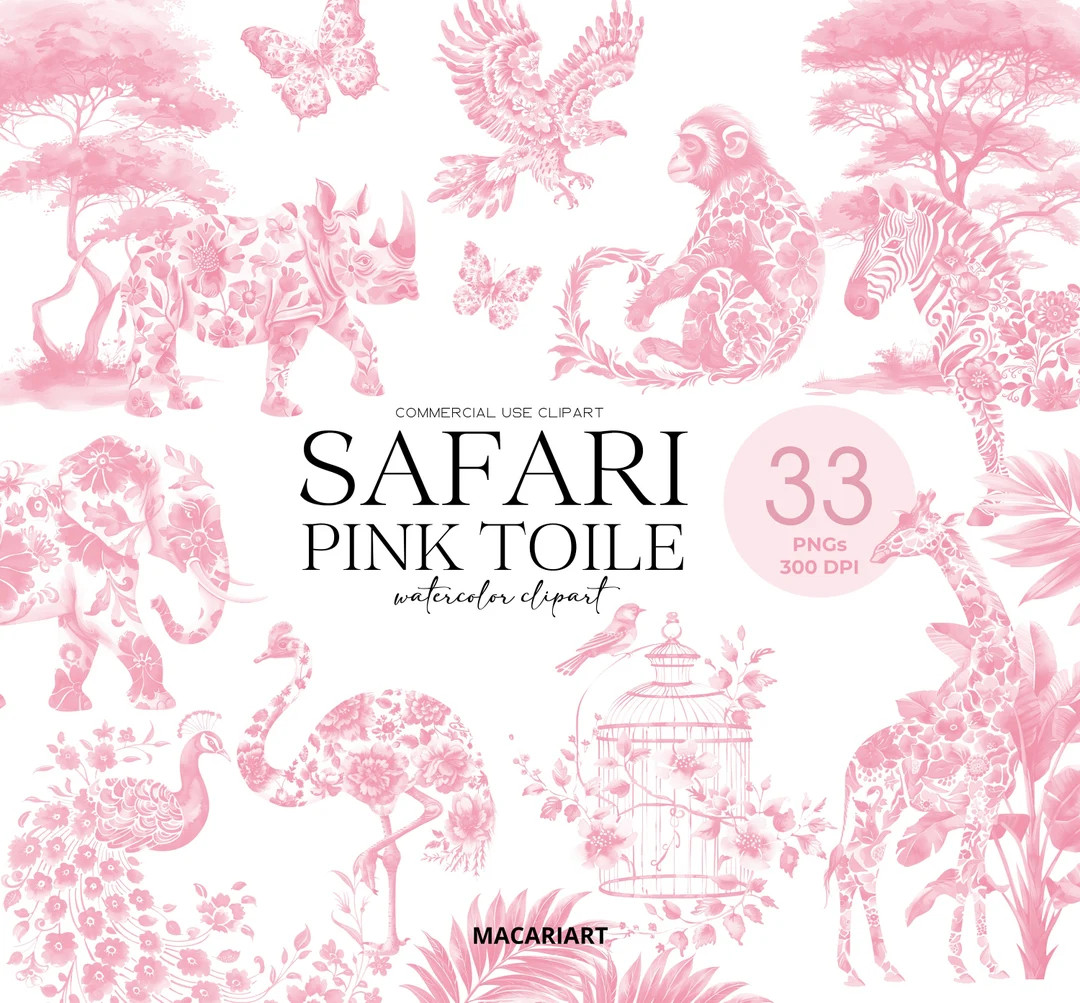 Pink Safari Toile Clipart Watercolor Chinoiserie Jungle Animals Baby Shower Toile De Jouy Clip Ar... | Etsy (US)