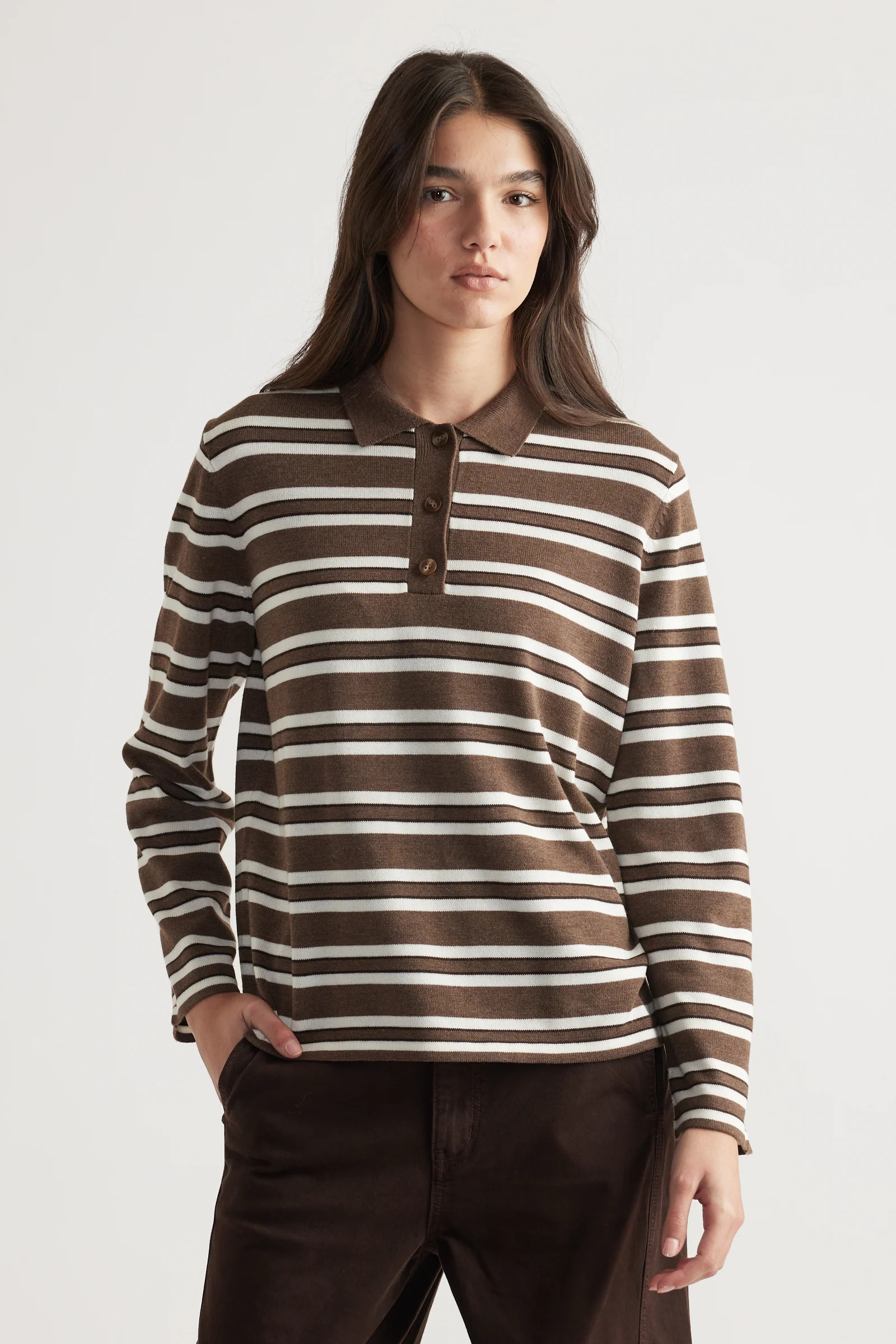Nia Long Sleeve Knit Polo - Bronze Stripe | DECJUBA