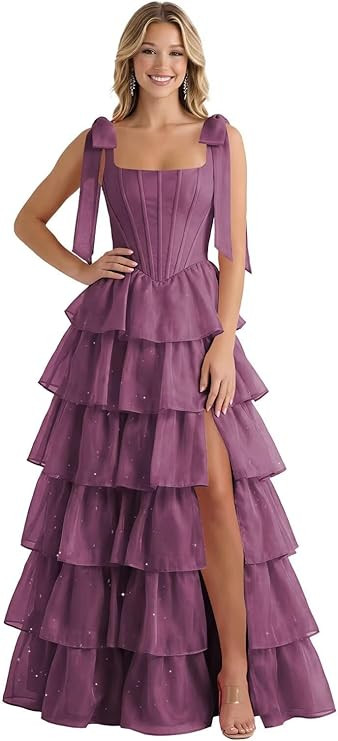 Tiered Sparkly Tulle Prom Dress Long Ball Gown 2026 Square Neck Corset Bow Straps Formal Evening ... | Amazon (US)