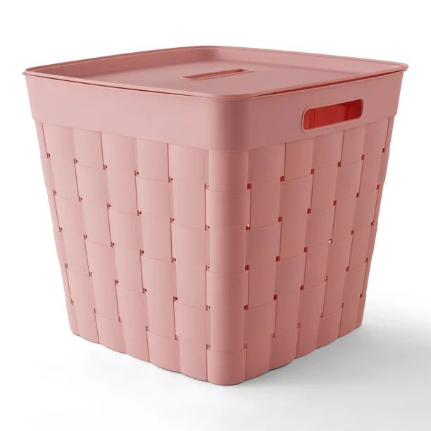 Your Zone Child and Teen Wide Weave Plastic Stacking Storage Bin with Lid, Pink | Walmart (US)