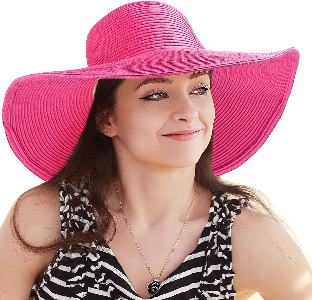 Women's Wide Brim Sun Hat - Sun Protection Floppy Straw Hat Summer Beach Hat | Amazon (US)