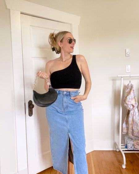 Styling a denim maxi skirt as a midsize mom! You can rock this trendy look! 
.
.
.
Denim maxi skirt - denim skirts - one shoulder top - sunglasses - summer outfit 

#LTKunder50 #LTKunder100

#LTKstyletip