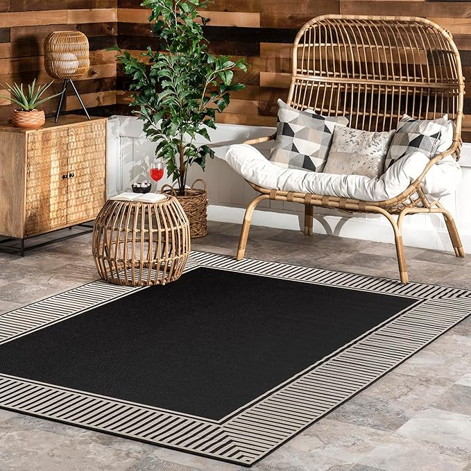 Nuloom Asha Black/Ivory, 9'6" x 12', Casual, Striped Border, Soft and Cozy, High Traffic, Stain R... | Amazon (US)