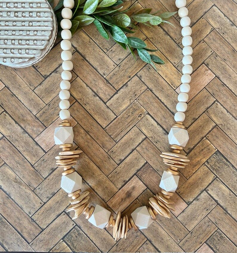 Chunky neutral statement necklace.  White Wood Chunky Bead Necklace. Long beaded necklace. Coconu... | Etsy (US)
