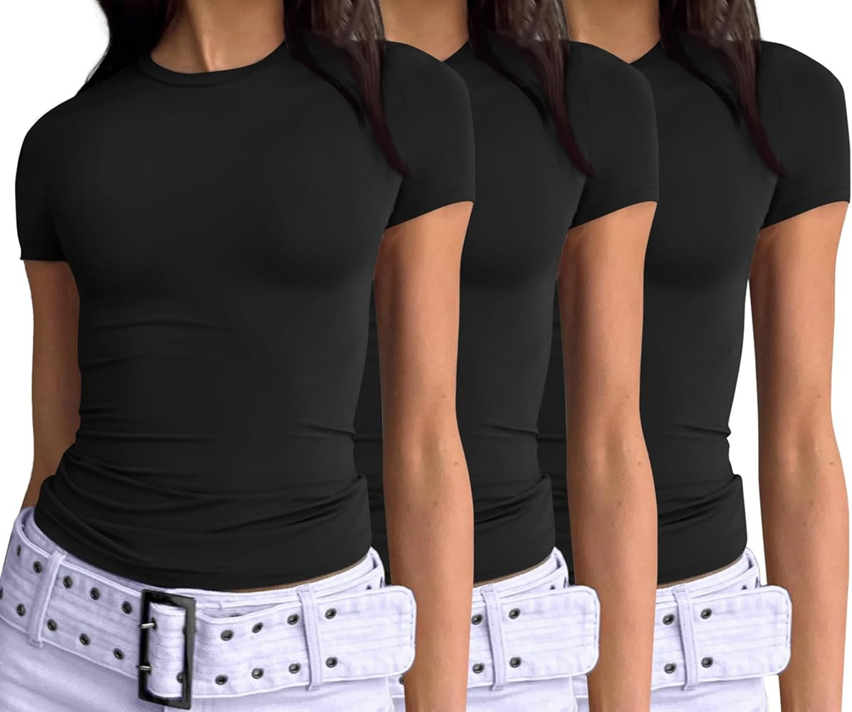 AUTOMET Womens 3 Piece Short Sleeve Shirts Basic Going Out Tops Slim Fit Crop Tops 2024 Y2k Cloth... | Amazon (US)
