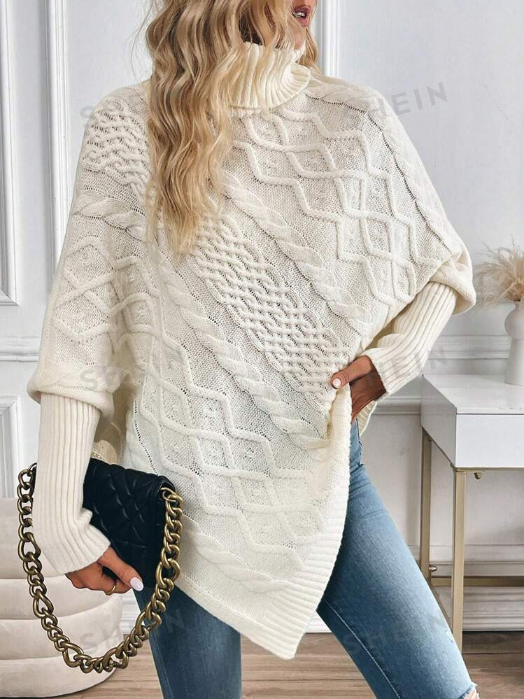 SHEIN LUNE Asymmetrical High Neck Loose Knit Sweater For Women, Thick And Cozy Design, Autumn/Win... | SHEIN