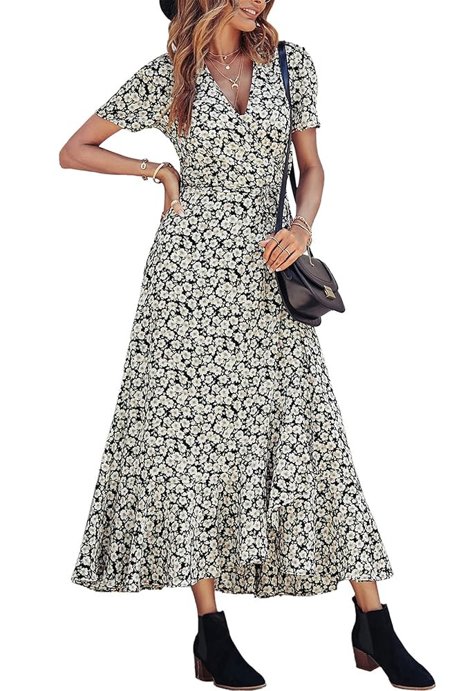 PRETTYGARDEN Women's Summer Maxi Dress Casual Wrap Floral Boho Short Sleeve V Neck Split Ruffle B... | Amazon (US)
