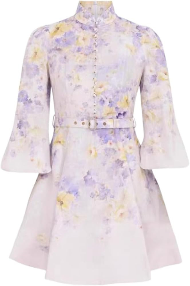 Australian Lilac Purple mini Dress with Stand Collar and Pearl Buckle for Spring Summer 2025 | Amazon (US)