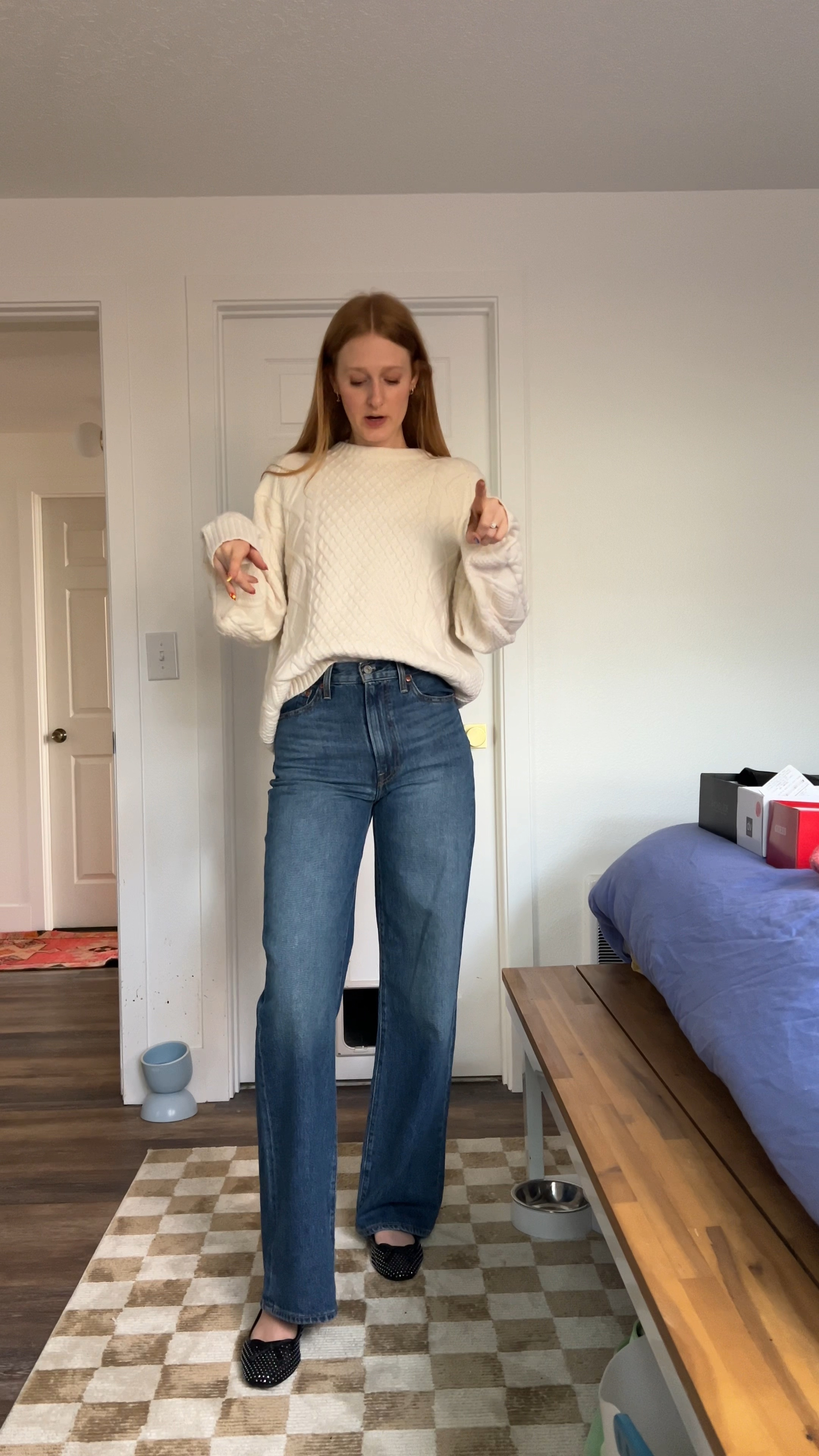 Help me pick out an outfit! Cat sweater is from ASOS wearing a size small. Cable knit sweater is from Aritzia wearing a size small. Jeans are Levi’s in tall length color- wrong!