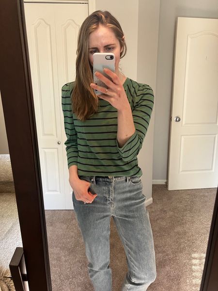 Some new pieces for spring arrived and I’m obsessed! 

These light wash jeans are a bit of a stretch for me. I’m normally a dark jeans girl but I’ve been wanting more variety in my wardrobe. Love how these fit - I took my normal size. Currently on sale for $60, too!  

I am 5’3” and the length of the regulars are perfect. They hit right above the ankle bone. If you’re tall, select the tall length.

This green striped shirt is a better than basic top! The way the stripes shift directions at the shoulders and the light ruching on shoulders make this striped tee more special. 

#LTKfindsunder100 #LTKsalealert #LTKstyletip