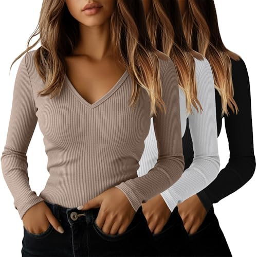 Ficerd 3 Pack Women's Long Sleeve T Shirts Cotton V Neck Slim Fit Tops Ribbed Knit Layering Casua... | Amazon (US)