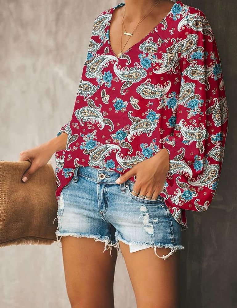 Womens V Neck Chiffon Blouses Casual Balloon Sleeve Floral Print Shirts Tops | Amazon (US)