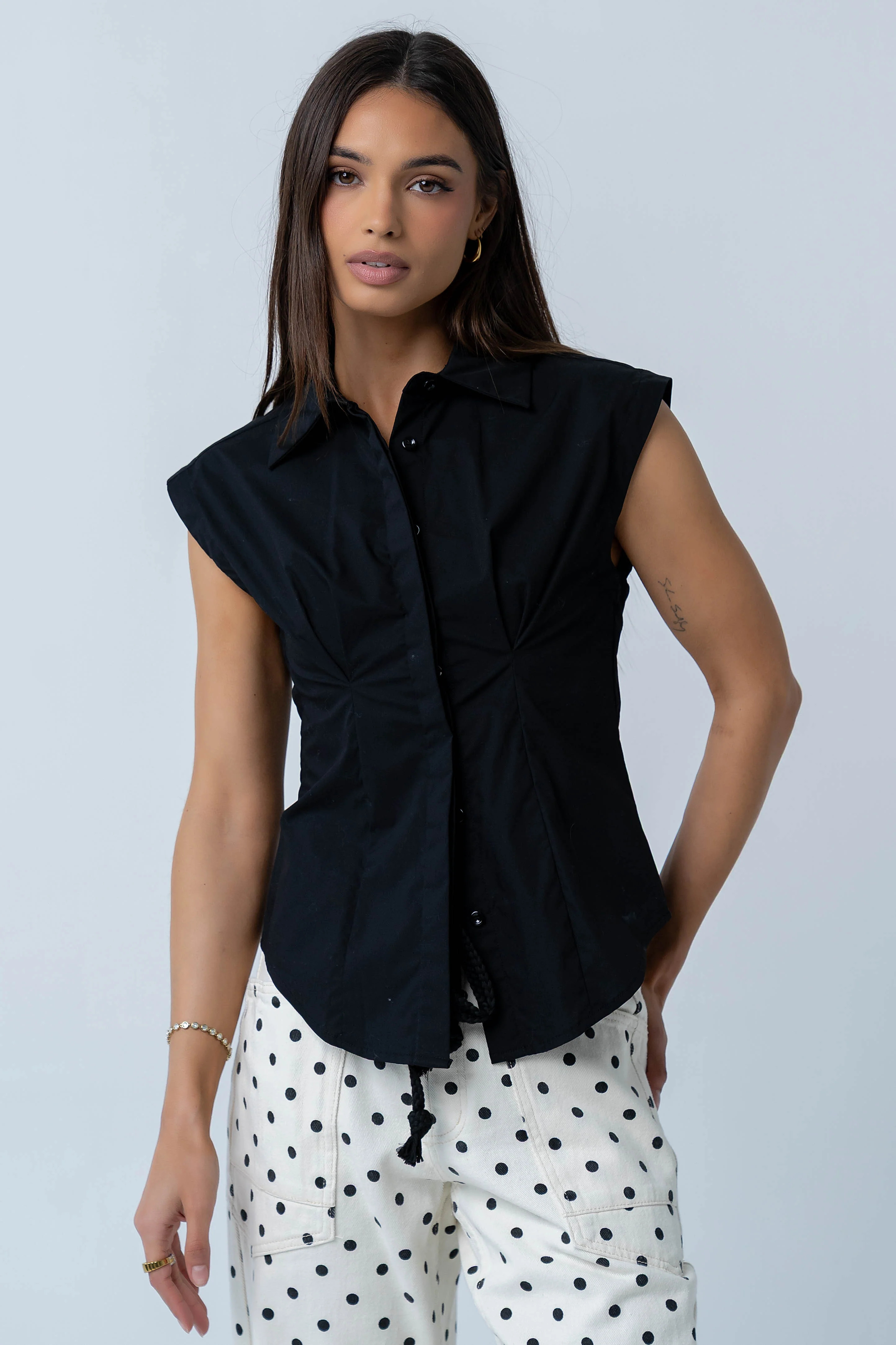 Remi Pleated Button Up in Black | Böhme US