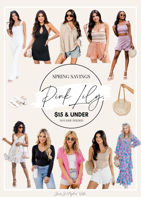 Spring savings sale at Pink Lily Boutique. Most items are $15 or less!! Stock up on spring pieces for the new season. FEATURED: white overalls, black heyhole dress, tan striped top, crochet tank top, lavender two piece set, white braided heels, round straw beach bag, floral mini dress, long sleeve black bodysuit, pink button down blouse, white high waist shorts, blue floral maxi dress.

#LTKSpringSale #LTKsalealert #LTKfindsunder50