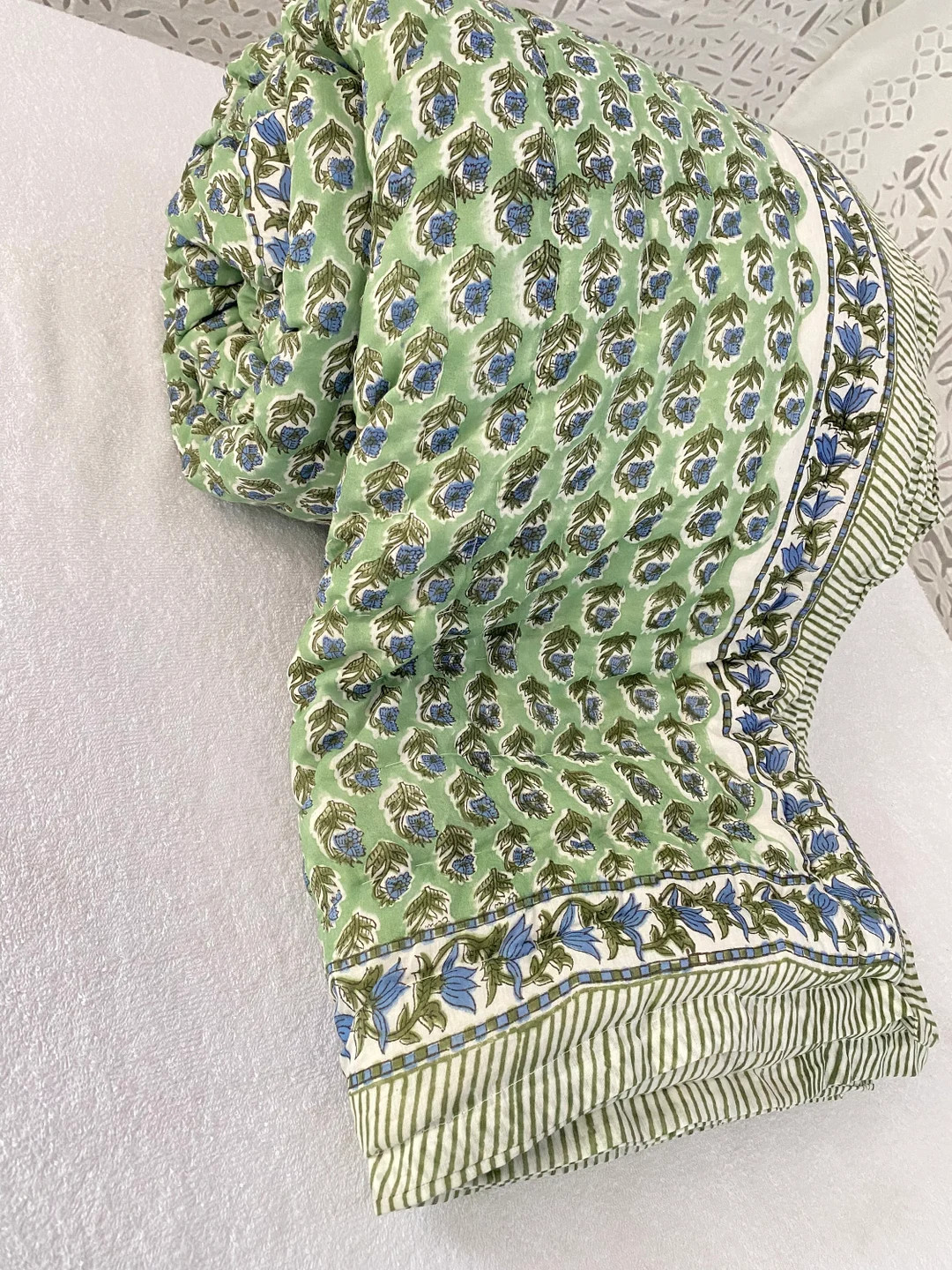 Organic Cotton Handmade Quilted Razai, Floral Block Print Winter Warm Razai Quilt, Throw Bedsprea... | Etsy (US)