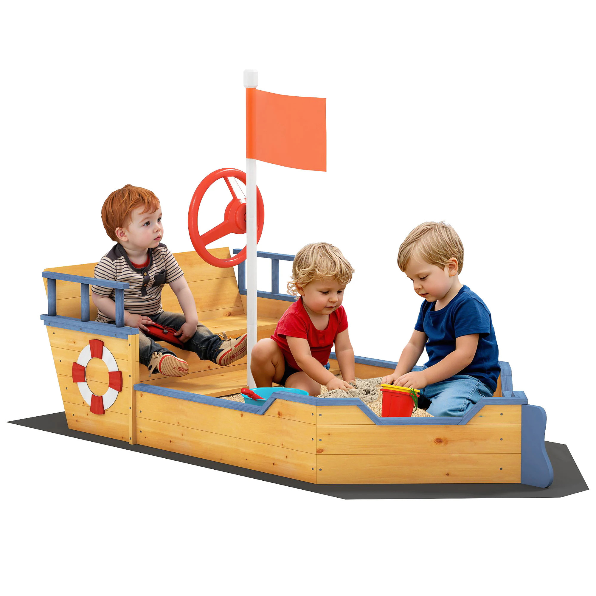 Outsunny Wooden Kids Pirate Sandbox Outdoor Sandboat with Bench Seats Storage Non Woven Fabric Cloth for Backyard Lawn Natural Wood one_size in Yellow | Lowe's