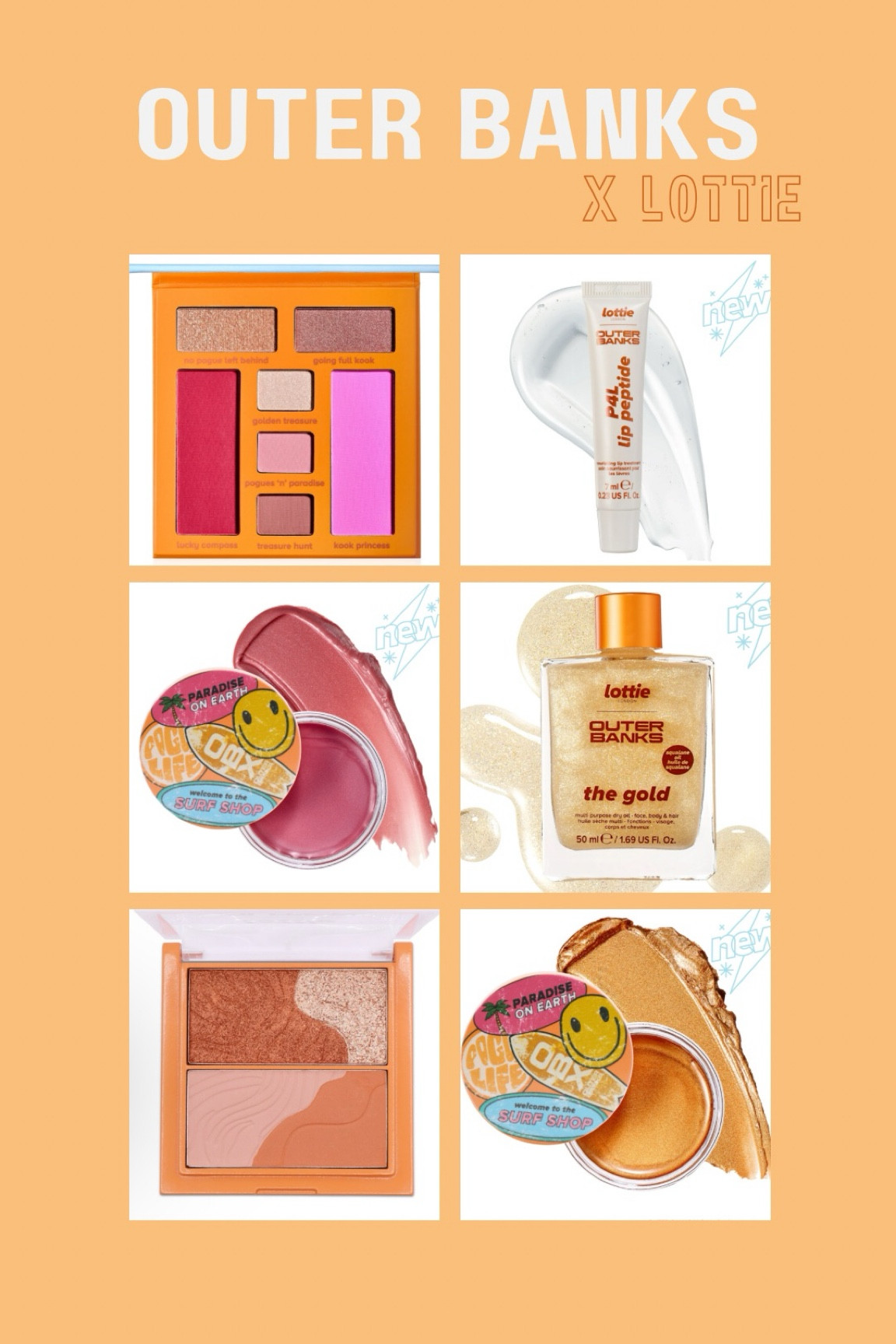 New TV Series Outer Banks new makeup line collaboration with Lottie! Available now! This new collection includes - bronzing face powder palette, lip balm, gold dry body oil, face and eyeshadow palette, and cheek blush and bronze. Stock up on this limited addition collab while supplies last. 

#LTKStyleTip #LTKSaleAlert #LTKBeauty