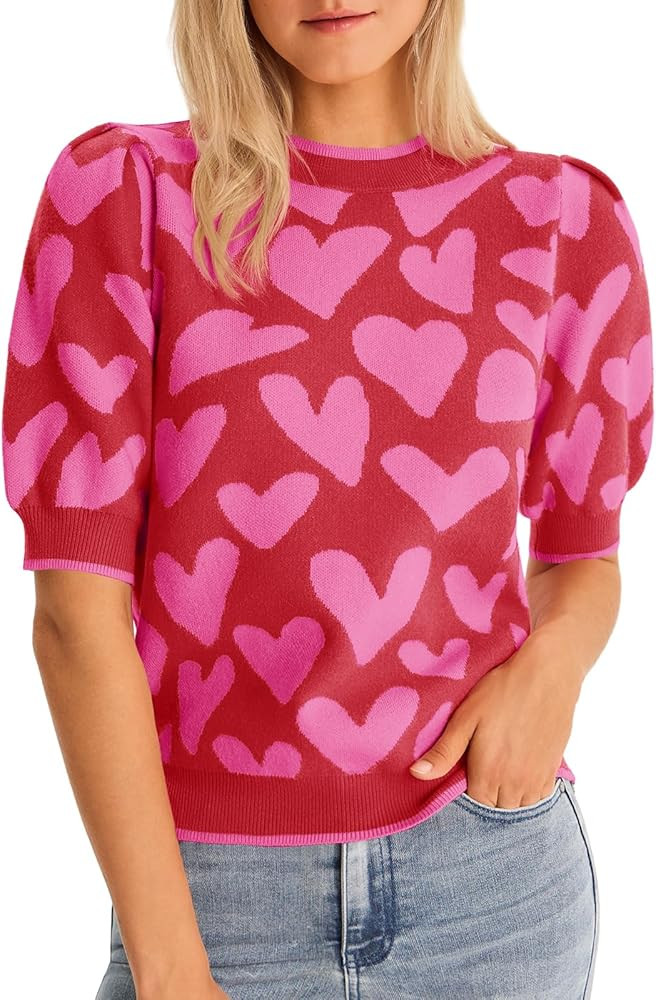 Saodimallsu Womens Puff Short Sleeve Heart Sweater Valentines Crew Neck Graphic Knit Pullover Cro... | Amazon (US)
