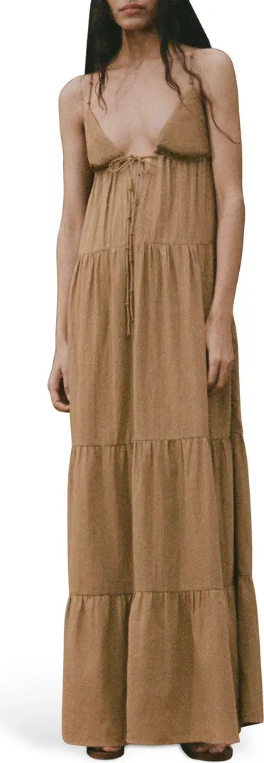 Ruched Tiered Cotton Midi Sundress Tan Dress Boho Dress Boho Chic Boho Outfit Boho Outfits Looks | Nordstrom