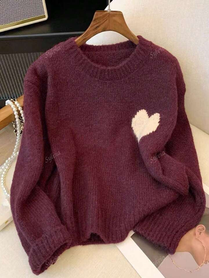 Autumn/Winter Women Casual Round Neck Knitted Heart Sweater,Long Sleeve Tops | SHEIN