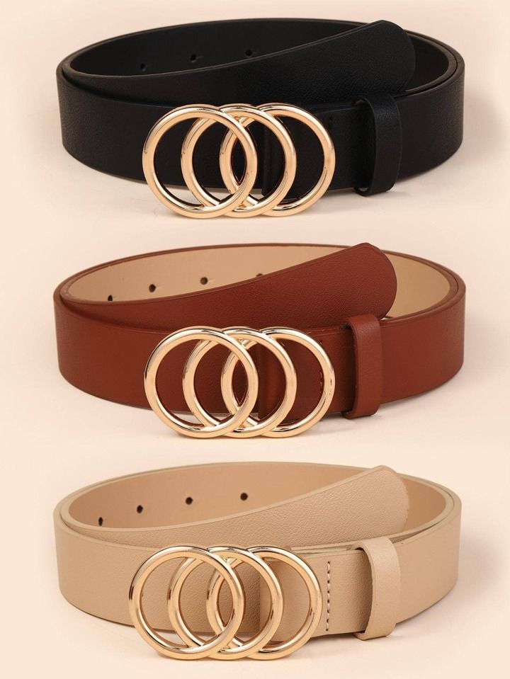 3pcs Women Black Khaki  Triple Round Buckle Fashionable Belt For Daily Decoration | SHEIN