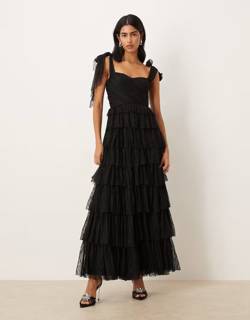 Lace & Beads lace bow shoulder tiered maxi dress in black | ASOS (Global)