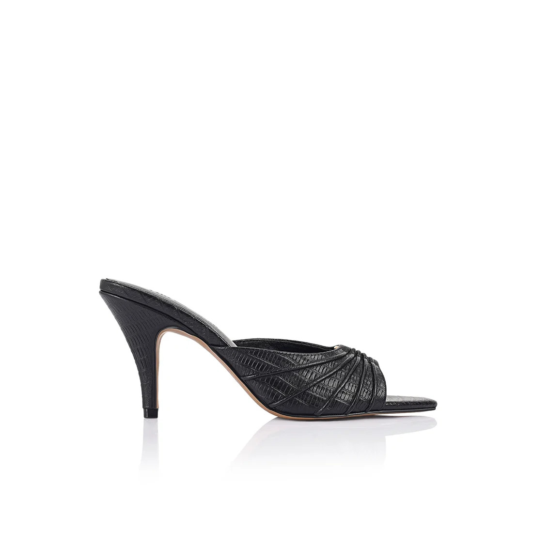 Carrie Heeled Sandal Mule Black Lizard-Embossed Leather | Lana Wilkinson