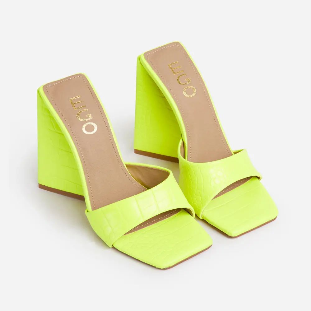 Higher Square Peep Toe Sculptured Flared Block Heel Mule In Lime Green Croc Print Faux Leather | EGO Shoes (US & Canada)