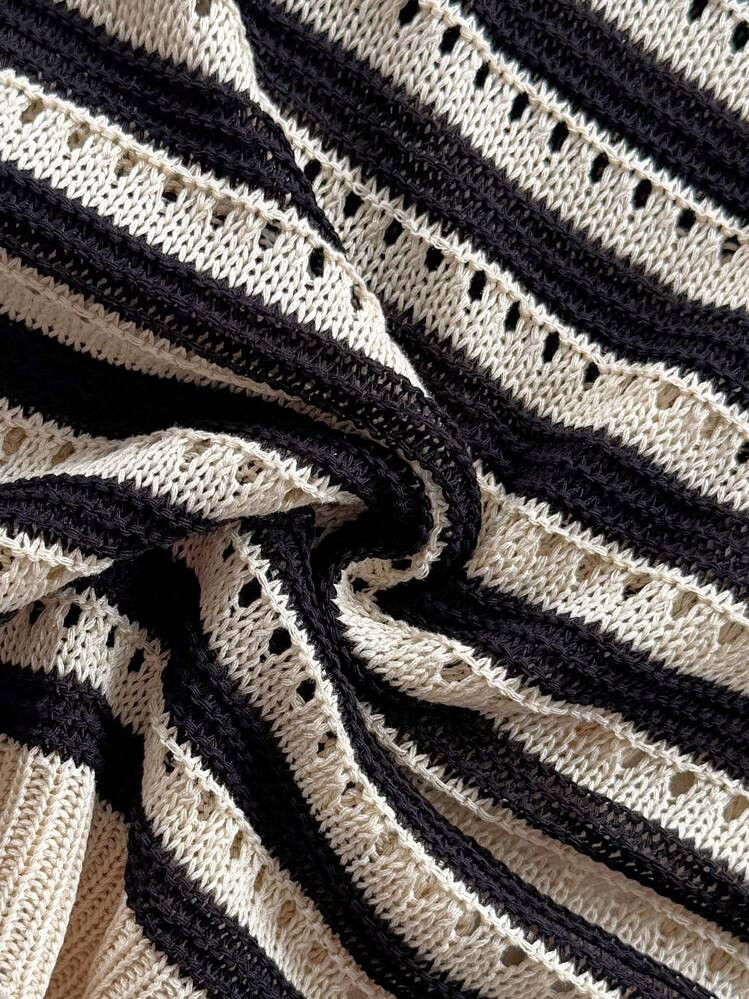 Soleia Vacation Casual Contrast Color Striped Drawstring Vest & Shorts Beach West Vacation Music ... | SHEIN