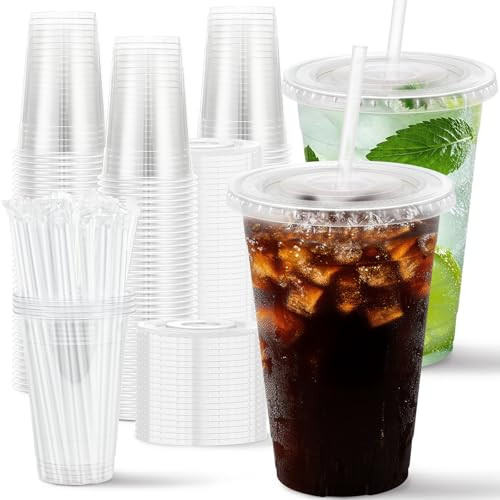 Huifany 100 Pack 16 oz Disposable Plastic Cups with Lids and Straws, Clear Party Coffee Cups for Cold Beverages, Smoothies, Iced Coffee, and Leak-Proof, BPA-Free | Amazon (US)