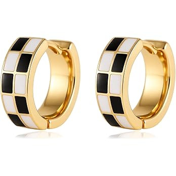 Chic Checker Small Hoop Cartilage Earrings Teacher Earrings for Women；White Black Enamel Hypoal... | Amazon (US)